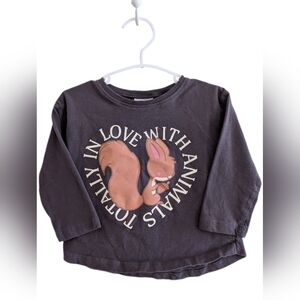 Zara Kids Long Sleeve Tee - Dark Grey Black with Squirrel Design
